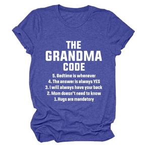 Detail of navy blue t-shirt fabric texture and white The Grandma Code printed lettering