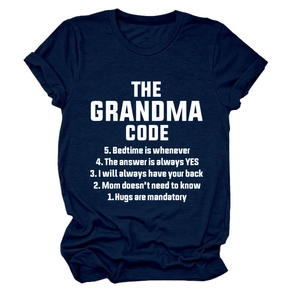 Detail of navy blue cotton T-shirt showing The Grandma Code white printed text design