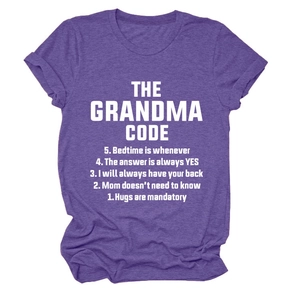 Detail of purple marl grandma code t-shirt showing printed text and fabric texture