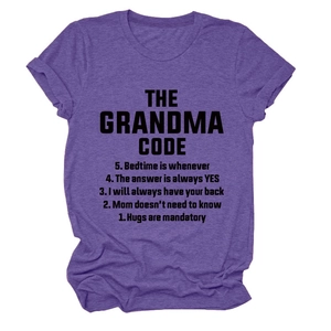 Flat lay of purple short sleeve t-shirt with The Grandma Code text and gray texture