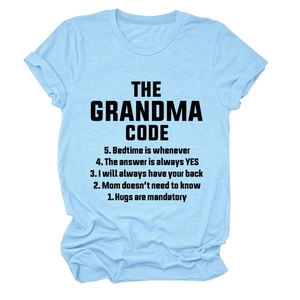 Light blue grandma code printed short sleeve casual t-shirt for women in soft cotton fabric