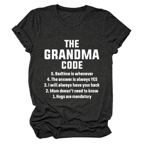 Detail of grey cotton knit T-shirt featuring funny grandma rules printed in white text