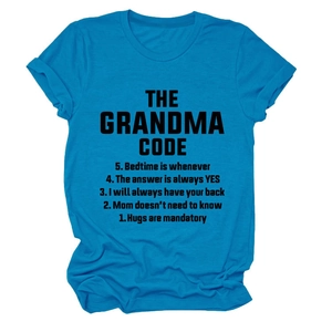 Detail of the bright blue cotton t-shirt featuring THE GRANDMA CODE graphic print