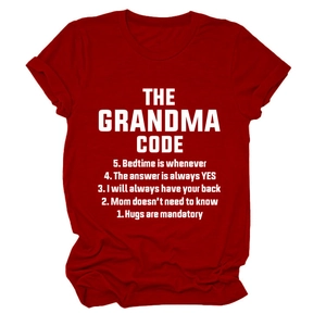 Detail of red crewneck cotton T-shirt with white grandma code rules text print