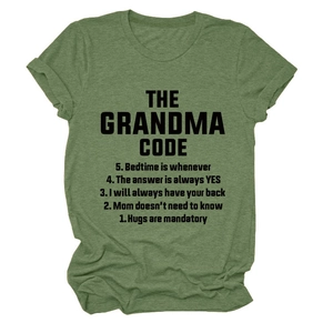 Detailed view of olive green cotton t-shirt with crew neck and black printed quote