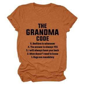 Detail of heathered orange crew neck t-shirt with black The Grandma Code printed text
