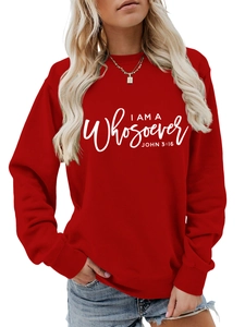 Detail of white John 3:16 text print on high-quality red cotton crewneck sweatshirt