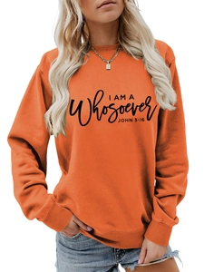 Detail of orange crewneck sweatshirt with black I AM A Whosoever JOHN 3:16 text print