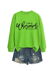 Detail of neon green crewneck sweatshirt with black John 3:16 slogan and denim shorts