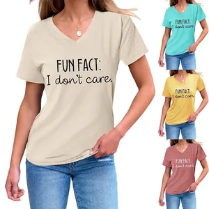 T-Shirt Da Donna Scollo A V Misto Cotone Slogan Fun Fact I Don't Care Manica Corta Orlo Con Nodo Top Casual