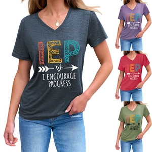 Detail of V-neck short sleeve T-shirt with IEP I ENCOURAGE PROGRESS print in four colors