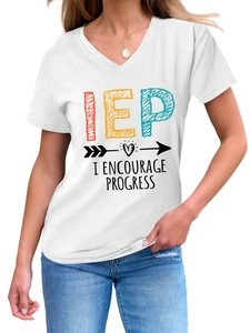 Close-up of V-neck white T-shirt with IEP print and I Encourage Progress text