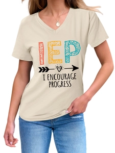Detail of V-neck T-shirt in apricot with IEP I ENCOURAGE PROGRESS slogan print
