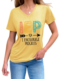 Detail of V-neck yellow cotton T-shirt with IEP I Encourage Progress art print
