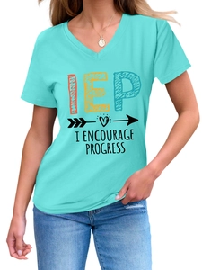 Detailed view of women's V-neck T-shirt with IEP I ENCOURAGE PROGRESS artistic print