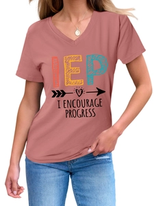 Detail of V-neck short sleeve T-shirt featuring IEP I ENCOURAGE PROGRESS print