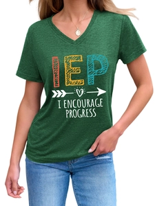 Detail of V-neck short sleeve t-shirt in dark green with IEP slogan and heart graphic