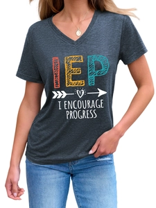 Detail of V-neck heather grey t-shirt with IEP I Encourage Progress graphic print