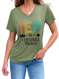 Close-up of V-neck heather green T-shirt with IEP I ENCOURAGE PROGRESS print and fabric detail