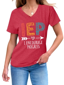 Detailed close-up of V-neck short sleeve red cotton T-shirt with IEP printed slogan