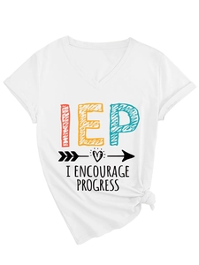 White V-neck short sleeve T-shirt with IEP lettering and front knot design