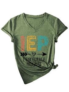 Detail of army green V-neck T-shirt featuring IEP I Encourage Progress graphic print
