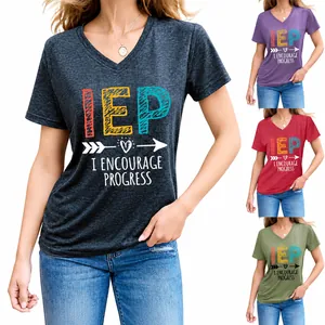 Women V-Neck Short Sleeve T-Shirt Cotton Blend IEP I Encourage Progress Letter Graphic Print Loose Fit Casual Top