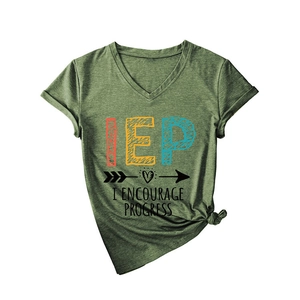 Women's dark green V-neck T-shirt with IEP progress graphic and knotted hem detail