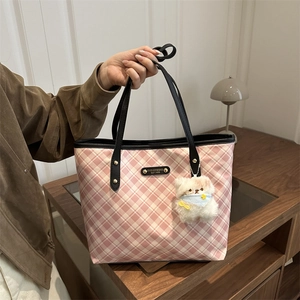 Women Plaid Tote Bag Large Capacity Fabric And PU Leather Korean Style Shoulder Bag Plush Bear Charm Chic Sweet