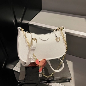 Women Underarm Bag Litchi Pattern PU Leather Metal Chain Strawberry Charm Half Moon Casual Fashion Shoulder Crossbody