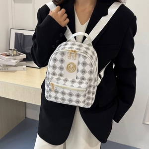Chic mini white diamond pattern backpack with golden M logo and durable nylon straps