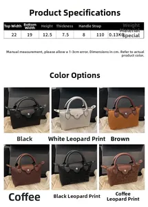 Size guide for nylon dumpling bag featuring dimensions, weight, and 6 color variants