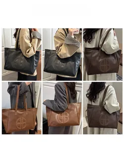 Detail shots of large tote bag with embossed logo in black, brown, and coffee colors