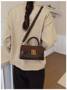 Detail view of a dark brown crossbody bag with matte flap and square gold buckle