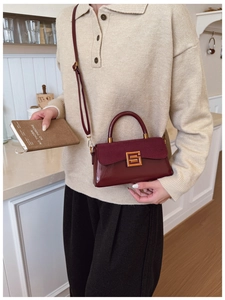 Detail of burgundy leather shoulder bag showing gold buckle and suede contrast