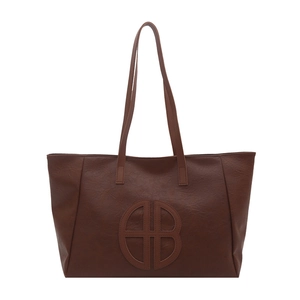 Brown large capacity tote bag with embossed AB logo and pebbled leather texture for women