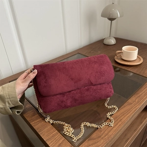 Women Faux Suede Shoulder Bag Vintage Gold Chain Strap Flap Crossbody Square Minimalist Large Capacity Underarm Handbag