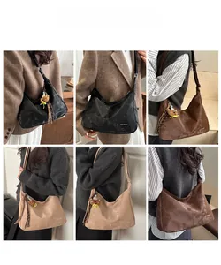 Detailed shots of stylish large tote bag featuring retro texture and cute bear charm