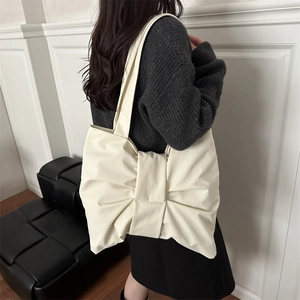 Chic cream white large bow tote bag in nylon fabric, aesthetic shoulder bag for women