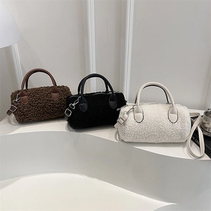Borsa a Mano Cilindrica in Lana di Agnello Stile Coreano da Donna Borsa a Tracolla in Peluche Piccola in Pelle Sintetica