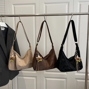 Retro faux leather hobo bag with teddy bear pendant in three elegant neutral colors