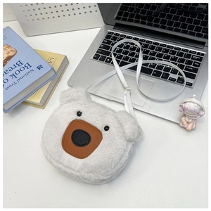 Detailed macro view of white plush bear bag texture and cute animal facial features