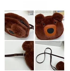 Detailed views of brown plush bear tote bag featuring leather nose and adjustable strap