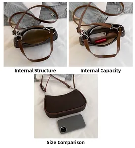 Detail van de binnenkant van de bruine halvemaanvormige tas voor smartphone