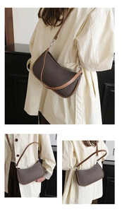Detailed views of a coffee brown faux leather underarm bag with removable shoulder straps