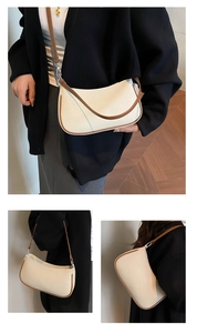 Detail of cream shoulder bag with brown trim and adjustable strap in multiple views