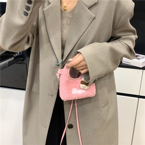 Pink plush mini handbag with Cutie embroidery and cute bear pendant for women