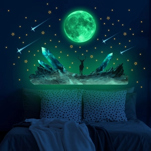 Luminous moon and stars wall stickers set with deer silhouette for bedroom wall decor