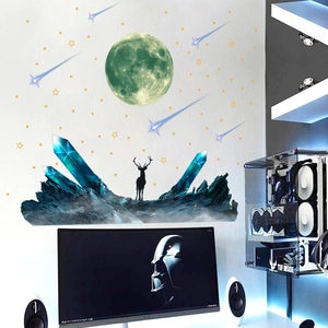 Luminous moon and star wall stickers with meteor and mountain deer for bedroom decor