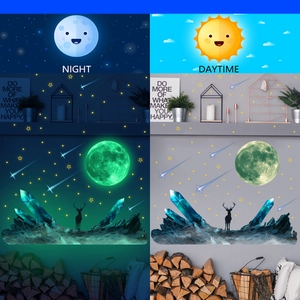 Luminous moon and star wall decals showing day and night glowing effect comparison